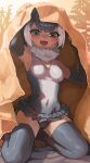  1girl :3 :d armpits arms_up bangs barefoot blush breasts commentary_request covered_navel elbow_gloves eyebrows_visible_through_hair fingerless_gloves from_below fur_scarf gloves grey_hair grey_leotard highres kemono_friends kneeling leotard looking_at_viewer medium_breasts melaton multicolored_hair open_mouth outdoors short_hair small-clawed_otter_(kemono_friends) smile solo streaked_hair thigh-highs toes v-shaped_eyebrows white_hair 