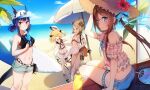  4girls :d amiya_(arknights) animal_ears arknights bangs bare_shoulders baseball_cap beach beach_umbrella bear_ears bikini bikini_under_clothes black_bikini black_bow blonde_hair blue_eyes blue_hair blue_ribbon blue_shorts blush bow breasts brown_eyes brown_hair ch&#039;en_(arknights) closed_eyes commentary_request day demon_horns dress eyebrows_visible_through_hair flat_chest flower food gummy_(arknights) hair_bow hair_rings hat hat_ribbon hibiscus highres holding holding_food holding_plate holding_skewer holding_surfboard horns ifrit_(arknights) long_hair looking_at_viewer medium_breasts multiple_girls navel notice_lines ocean open_mouth orange_eyes outdoors plaid plaid_shirt plate popsicle red_flower ribbon sailor_dress see-through shirt short_hair short_shorts shorts sidelocks sitting skewer sky smile spatula standing standing_on_one_leg stomach straw_hat surfboard swimsuit thigh_strap twintails two_side_up umbrella white_bikini white_dress white_headwear white_shorts yennineii 