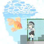  1girl :o air_bubble black_ribbon black_skirt bow bubble collared_shirt fish goldfish grey_hair hat hatoba_tsugu highres kneehighs mole mole_under_eye ribbon shirt short_sleeves skirt solo suspender_skirt suspenders testest tsugu_(vtuber) underwater virtual_youtuber water water_surface white_shirt 