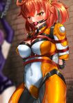  2girls ahoge arms_behind_back ass_visible_through_thighs blush bodysuit command_spell covered_navel crying dorachan_r drooling fate/grand_order fate_(series) fujimaru_ritsuka_(female) gloves highres mash_kyrielight multiple_girls orange_hair restrained shibari short_hair side_ponytail solo thighs yellow_eyes 