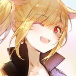  1girl ;d animal_ears bangs black_jacket blonde_hair blue_background brown_background cat_ears collarbone eyebrows_visible_through_hair facial_mark fang final_fantasy final_fantasy_xiv gradient gradient_background hair_over_one_eye high_collar jacket long_hair looking_at_viewer maya_g miqo&#039;te one_eye_closed open_mouth ponytail portrait red_eyes slit_pupils smile solo 