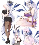  1girl animal_ears armlet asazuki_norito back_cutout bandeau bare_shoulders blue_eyes bow bowtie breasts closed_eyes clothing_cutout covered_navel cuffs dancer dragon_girl dragon_horns dragon_tail dragon_wings elbow_gloves fake_animal_ears fishnets gloves handcuffs harem_outfit hat horns large_breasts long_hair mole mole_under_mouth multiple_views nurse nurse_cap original pencil_skirt pointy_ears police police_hat police_uniform policewoman ponytail rabbit_ears scales short_sleeves silver_hair single_elbow_glove single_glove skirt smile solo tail uniform veil wings 