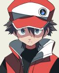  1boy badge bangs baseball_cap black_hair black_shirt blue_eyes closed_mouth coat commentary frown hair_between_eyes hat highres hyou_(hyouga617) looking_at_viewer male_focus pokemon pokemon_(game) pokemon_masters_ex red_(pokemon) red_coat shirt short_hair sleeveless_coat solo upper_body 