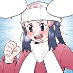  1girl :d beanie black_hair blank_speech_bubble blush breath clenched_hand coat cold commentary_request hikari_(pokemon) emphasis_lines eyelashes hand_up hat korean_commentary long_hair long_sleeves nutkingcall open_mouth outline pokemon pokemon_(game) pokemon_dppt pokemon_platinum red_coat scarf smile solo speech_bubble sweat teeth template tongue upper_body white_headwear white_scarf 