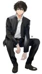  1boy artist_logo bangs black_jacket black_pants brown_footwear brown_hair full_body highres hyouka invisible_chair jacket light_frown long_sleeves mery_(yangmalgage) open_clothes open_jacket oreki_houtarou pants shirt short_hair sitting solo white_shirt 