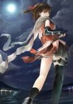  1girl asymmetrical_legwear bangs bare_shoulders black_gloves black_legwear black_skirt brown_eyes brown_hair clouds cloudy_sky commentary divider elbow_gloves fingerless_gloves from_behind from_below full_moon gloves hair_ornament highres holding holding_sword holding_weapon kantai_collection landscape looking_at_viewer looking_back looking_down moon mountain night night_sky ninja ocean remodel_(kantai_collection) scarf school_uniform sendai_(kancolle) serafuku short_hair single_sock single_thighhigh skirt sky socks solo sword thigh-highs thigh_strap two_side_up weapon white_neckwear white_scarf wind 