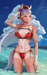  1girl abs absurdres animal_ears arm_up bare_arms bare_shoulders bikini blue_sky breasts brown_headwear clouds collarbone day foxyrain gold_ship_(umamusume) hat highres horse_ears horse_girl horse_tail large_breasts long_hair looking_away navel ocean outdoors red_bikini side-tie_bikini sky smile solo standing stomach string_bikini sunlight swimsuit tail thighs umamusume v-shaped_eyebrows very_long_hair violet_eyes wading water wet white_hair wind 