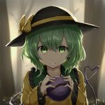  1girl bangs black_headwear blouse blurry blurry_background bow bush closed_mouth commentary_request eyeball eyebrows_visible_through_hair face fog frilled_shirt_collar frills green_eyes green_hair hair_between_eyes hands_up hat hat_bow heart heart_of_string highres holding komeiji_koishi long_sleeves looking_at_viewer outdoors short_hair solo third_eye touhou tree twilight upper_body wide_sleeves yellow_blouse yellow_bow yukimiharu 