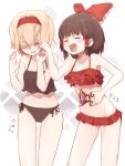  2girls 833_(cookie) alice_margatroid bangs bikini black_bikini blonde_hair blush bow brown_hair character_name closed_eyes commentary_request cookie_(touhou) cowboy_shot eyebrows_visible_through_hair frilled_bikini frilled_bow frilled_hairband frills hair_bow hair_over_eyes hairband hakurei_reimu highres holding holding_scissors jigen_(cookie) looking_at_another midriff miyako_(naotsugu) multiple_girls navel open_mouth red_bikini red_bow red_hairband scissors short_hair swimsuit touhou 