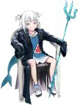  1girl bangs bare_legs black_coat blue_hair blue_hoodie coat cosplay devil_may_cry devil_may_cry_5 eyebrows_visible_through_hair fish_tail full_body gawr_gura hair_ornament holding holding_weapon hololive hololive_english hood hoodie long_sleeves meme mr.holmes multicolored_hair open_clothes open_coat parody polearm shark_hair_ornament shark_tail shoes silver_hair sitting smile solo streaked_hair tail transparent_background trident two_side_up vergil vergil_(cosplay) virtual_youtuber weapon white_footwear 