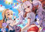  4girls :d ^_^ ahoge alternate_costume arm_up ass autumn_leaves ayanami_(azur_lane) azur_lane balloon bangs blonde_hair blue_buruma blue_sky bottle bunny_hair_ornament buruma closed_eyes clouds commentary_request contemporary crop_top day doll eyebrows_visible_through_hair festival from_behind gym_uniform hair_ornament headband headgear highres holding holding_bottle holding_doll javelin_(azur_lane) laffey_(azur_lane) lens_flare lerome long_hair looking_at_viewer looking_back midriff multiple_girls navel open_mouth orange_eyes outdoors parted_lips ponytail purple_hair ramune red_buruma red_eyes shirt short_sleeves sidelocks silver_hair sky smile sports_festival standing stuffed_animal stuffed_toy stuffed_winged_unicorn sun sunlight sweat sweatband tree twintails unicorn_(azur_lane) very_long_hair violet_eyes water_bottle white_shirt wristband yellow_buruma 