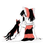  1girl black_hair bow cat detached_sleeves from_behind fuuzasa hair_bow hair_tubes hakurei_reimu japanese_clothes kaenbyou_rin kaenbyou_rin_(cat) medium_hair miko multiple_tails nontraditional_miko ponytail sitting tail touhou trembling 