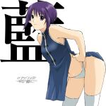  1girl bangs bent_over better_girls blue_dress china_dress chinese_clothes closed_mouth dated dress eyebrows_visible_through_hair hair_between_eyes kusaka_ai open_clothes open_dress panties purple_hair ryouzou shiny shiny_hair short_hair signature sleeveless sleeveless_dress smile solo standing thigh-highs underwear violet_eyes white_background white_legwear white_panties 