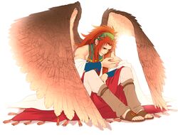  1boy braid feathered_wings hairband harukanaru_toki_no_naka_de harukanaru_toki_no_naka_de_4 kiske large_wings long_hair multiple_braids red_eyes redhead sandals sazaki sitting solo toes toned toned_male wings 