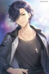  1boy argonavis_from_bang_dream! black_hair black_jacket black_shirt blurry blurry_background brown_eyes collarbone commentary_request depth_of_field hagino_kouta hair_over_one_eye highres jacket long_sleeves looking_at_viewer male_focus misono_reon open_clothes open_jacket parted_lips shirt smile solo thick_eyebrows twitter_username upper_body 