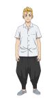  1boy blonde_hair denim full_body grey_eyes hanagaki_takemichi jeans looking_at_viewer official_art pants school_uniform shirt shoes solo straight-on tachi-e tokyo_revengers transparent_background white_shirt younger 