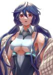  1girl allen_m._sumner_(azur_lane) arm_strap armpits azur_lane backlighting bangs bare_shoulders black_coat black_leotard blue_hair breasts clothing_cutout coat collarbone collared_leotard commentary_request cowboy_shot eyebrows_visible_through_hair hair_between_eyes highres leotard long_hair long_sleeves looking_at_viewer low_twintails medium_breasts off_shoulder open_clothes open_coat open_mouth partial_commentary red_eyes sidelocks simple_background solo standing twintails two-tone_leotard under_boob underboob_cutout white_background white_leotard yam_(yam6056) 