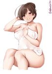  1girl blush breasts brown_hair collarbone cropped_legs ebifurya eyebrows_visible_through_hair highres kantai_collection large_breasts long_hair mamiya_(kancolle) naked_towel open_mouth simple_background smile solo towel twitter_username violet_eyes white_background white_towel 