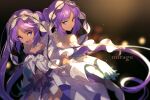  2girls bangs bare_shoulders blush breasts cis05 collarbone dress euryale_(fate) fate/hollow_ataraxia fate_(series) frilled_hairband frills hairband long_hair looking_at_viewer multiple_girls open_mouth parted_bangs purple_hair siblings sidelocks sisters small_breasts smile stheno_(fate) twintails very_long_hair violet_eyes white_dress 