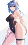  1girl absurdres ass_visible_through_thighs bare_arms bare_shoulders black_swimsuit blue_hair breasts brown_eyes competition_swimsuit contrapposto covered_navel cowboy_shot eula_(genshin_impact) genshin_impact groin guardian-panda hairband hand_on_own_ass hand_on_own_thigh highleg highleg_swimsuit highres impossible_clothes impossible_swimsuit large_breasts long_hair looking_at_viewer one-piece_swimsuit simple_background skindentation smile solo standing swimsuit thigh_strap thighs wet wet_clothes wet_swimsuit white_background 