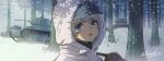  1girl blue_eyes blue_headwear blue_jacket emblem forest garrison_cap girls_und_panzer ground_vehicle hat highres hood hood_up jacket keizoku_(emblem) keizoku_military_uniform military military_uniform military_vehicle motor_vehicle nature outdoors shinmai_(kyata) short_hair silver_hair snow solo t-26 tank tree uniform white_hood youko_(girls_und_panzer) 