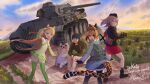  1boy 3girls animal_ears blonde_hair blue_eyes breasts character_request clouds commentary_request copyright_request dress evening fake_animal_ears forest ginga_eiyuu_densetsu girls_und_panzer ground_vehicle highres itsumi_erika kuromorimine_military_uniform long_hair military military_vehicle motor_vehicle multiple_girls nature shinmai_(kyata) short_hair skirt sky smile tail tank vk16.02_leopard yang_wen-li 