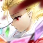  1girl blonde_hair blood blurry blurry_foreground closed_mouth crystal depth_of_field flandre_scarlet looking_away maya_g pointy_ears portrait profile red_eyes signature solo touhou white_background wings 