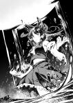  1girl absurdres bangs bow breasts crying crying_with_eyes_open dated detached_sleeves floating_clothes floating_hair from_side greyscale hair_bow hakurei_reimu highres huge_filesize japanese_clothes looking_at_viewer medium_breasts miko monochrome moon navel open_hand qingwa_chi_she skirt solo tears touhou wide_sleeves 