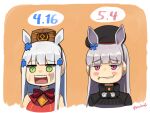  2girls 416_day animal_ears bangs beret black_headwear blunt_bangs blush_stickers bow cosplay costume_switch crossover eyebrows_visible_through_hair facial_mark girls_frontline gold_ship_(umamusume) green_eyes grin hair_ornament hat highres hk416_(girls_frontline) horse_ears horse_girl kion-kun long_hair multiple_girls open_mouth orange_background pillbox_hat silver_hair smile surprised sweatdrop symbol_commentary umamusume violet_eyes 