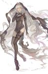  1girl arknights bingansuan_jiamouren high_heels image_sample kneehighs lofter_sample long_hair looking_at_viewer nun red_eyes silver_hair skirt solo specter_(arknights) thigh_strap torn_clothes torn_skirt very_long_hair 