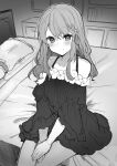  1girl bare_shoulders bed blush closed_mouth dress greyscale hair_ornament halterneck highres ikeuchi_tanuma indoors long_sleeves looking_at_viewer monochrome off-shoulder_dress off_shoulder on_bed original own_hands_together sitting smile solo v_arms 