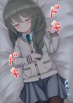  1girl 9magitune ahoge bangs bed_sheet blue_skirt blush braid brown_legwear closed_eyes closed_mouth collared_shirt eyebrows_visible_through_hair green_neckwear grey_hair grey_jacket hair_between_eyes hair_over_shoulder highres jacket long_hair long_sleeves lying necktie on_back pantyhose pleated_skirt princess_connect! princess_connect!_re:dive shirt skirt sleeves_past_wrists solo sweat translation_request twin_braids wavy_mouth white_shirt yuni_(princess_connect!) yuni_(real)_(princess_connect!) 