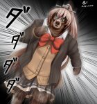  1girl animalization artist_name bangs blazer blue_eyes bow bowtie brown_cardigan brown_hair brown_jacket brown_skirt cardigan collared_shirt commentary_request dated high_ponytail jacket kantai_collection kumano_(kancolle) long_hair long_sleeves open_clothes open_jacket ponytail pun red_bow red_neckwear running school_uniform shirt signature skirt solo tk8d32 white_shirt 