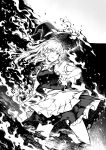  1girl absurdres bangs braid breasts crying crying_with_eyes_open fire floating_hair greyscale hair_behind_ear hat head_tilt highres huge_filesize kirisame_marisa long_hair looking_ahead looking_down medium_breasts monochrome open_hands qingwa_chi_she solo tears touhou v-shaped_eyebrows witch_hat 