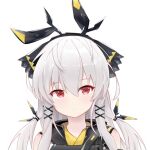  1girl arknights bangs bare_shoulders black_ribbon closed_mouth expressionless exusiai_dust grey_background grey_hair hair_ornament hairband long_hair low-tied_long_hair red_eyes ribbon sidelocks simple_background solo upper_body weedy_(arknights) 