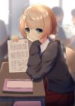  1girl ahoge arm_support blonde_hair blurry blurry_background blush classroom closed_mouth commentary_request desk from_side green_eyes hand_on_own_cheek hand_on_own_face head_on_hand holding holding_paper indie_virtual_youtuber indoors jacket long_sleeves looking_at_viewer paper school_desk school_uniform shigure_ui_(vtuber) sitting smile smug solo_focus test test_score_(paper) virtual_youtuber yukidaruma718 