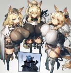  1boy 3girls :d alternate_breast_size animal_ear_fluff animal_ears arknights armor armored_boots arms_behind_back aunt_and_niece bangs black_bow black_footwear black_headwear black_legwear black_scarf black_shorts blemishine_(arknights) blonde_hair blue_eyes boots bow breast_press breastplate breasts cape closed_mouth commentary_request eyebrows_visible_through_hair fang from_above full_body fur_collar garrison_cap grey_background hair_between_eyes hair_bow hand_on_hip hat headset highres horse_ears horse_girl horse_tail huge_breasts kingdom_of_kazimierz_logo knee_pads long_hair looking_at_viewer melon22 multiple_girls nearl_(arknights) open_mouth orange_eyes pelvic_curtain ponytail scarf shiny shiny_hair shorts shoulder_armor siblings sidelocks sisters skin_fang smile standing tail thick_eyebrows thigh-highs thigh_boots torn_clothes translation_request tsurime v-shaped_eyebrows whislash_(arknights) white_armor white_cape 