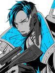  1boy apex_legends blue_eyes blue_hair crypto_(apex_legends) gun highres holding holding_gun holding_weapon jacket jewelry looking_to_the_side male_focus monochrome mozuwaka necklace parted_hair parted_lips rifle sniper_rifle solo spot_color undercut upper_body weapon white_background 