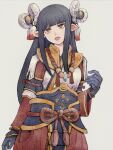  1girl bangs black_gloves black_hair blunt_bangs closed_mouth eyebrows_visible_through_hair fewer_digits gloves highres japanese_clothes long_hair minoto monster_hunter_(series) monster_hunter_rise pointy_ears sidelocks solo tansan3 yellow_eyes 