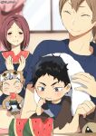  2boys 2girls ^_^ akaashi_keiji animal_ears animal_hat black_hair blue_eyes blue_shirt blush bokuto_koutarou brown_hair chibi closed_eyes eating food freckles fruit grey_hair haikyuu!! hat kurot medium_hair multicolored_hair multiple_boys multiple_girls shirofuku_yukie shirt short_hair short_sleeves sitting smile suzumeda_kaori towel two-tone_hair watermelon 