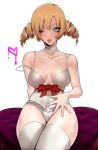  1girl blonde_hair blue_eyes breasts catherine catherine_(game) choker collarbone drill_hair heart heart-shaped_pupils j.k. lace lace_choker large_breasts leotard one_eye_closed sitting solo symbol-shaped_pupils thigh-highs twin_drills waist_bow white_legwear white_leotard 