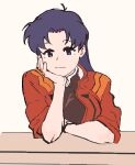  1girl bangs black_eyes head_rest katsuragi_misato long_hair looking_at_viewer neon_genesis_evangelion parted_bangs purple_hair smile solo topium upper_body 