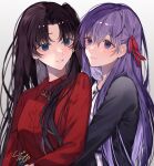  2girls artist_name bangs black_hair black_jacket blue_eyes collared_shirt commentary_request eyebrows_visible_through_hair fate/stay_night fate_(series) hair_ribbon highres hug hug_from_behind jacket jewelry long_hair long_sleeves looking_at_another matou_sakura multiple_girls necklace parted_bangs parted_lips pendant purple_hair red_ribbon red_shirt ribbon shimatori_(sanyyyy) shirt simple_background smile tohsaka_rin upper_body violet_eyes white_background white_shirt 