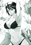  1boy 1girl abs arm_up bald bare_pectorals bikini breasts clouds cloudy_sky earrings eyewear_on_head food fubuki_(one-punch_man) greyscale highleg highleg_swimsuit highres jewelry large_breasts lips monochrome navel one-punch_man open_clothes open_shirt pagong pectorals popsicle saitama_(one-punch_man) sky sunglasses sweatdrop swimsuit 