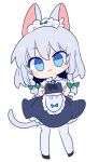  1girl :3 animal_ears apron bangs black_footwear blue_eyes bow braid brooch cat_ears cat_tail closed_mouth eyebrows_visible_through_hair full_body green_bow grey_hair hair_bow hands_on_hips highres izayoi_sakuya jewelry looking_at_viewer maid maid_headdress op_na_yarou short_sleeves side_braids simple_background smile solo standing symbol_commentary tail touhou twin_braids waist_apron white_apron white_background white_legwear 