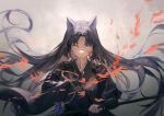  1girl absurdres animal_ears arknights bangs black_hair black_kimono blood blood_on_face grey_background hand_up highres japanese_clothes kimono long_hair long_sleeves saga_(arknights) shiyoushan solo upper_body yellow_eyes 