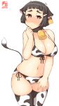  1girl alternate_costume animal_print artist_logo bikini braid braided_bun breasts brown_eyes brown_hair commentary_request cow_print cowboy_shot dated front-tie_top hair_bun highres kanon_(kurogane_knights) kantai_collection large_breasts long_hair looking_at_viewer myoukou_(kancolle) one-hour_drawing_challenge side-tie_bikini simple_background solo swimsuit thick_eyebrows thigh-highs white_background white_bikini white_legwear 