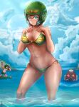  1girl 2boys abs absurdres bikini blue_eyes braid breasts brown_hair clouds day emperor_of_mankind english_commentary face_cloud green_bikini hair_between_eyes helmet highres huge_filesize lens_flare leonard_goog looking_at_viewer medium_breasts mole mole_on_breast multiple_boys navel ocean pubic_tattoo scar short_braid short_hair shoulder_tattoo side-tie_bikini skull smile solo_focus space_marines spaghetti_strap strap_gap strap_pull swimsuit tan tattoo thick_thighs thighs toned twin_braids under_boob wading warhammer_40k wet when_you_see_it wide_hips 