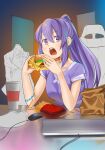  1girl alternate_costume armlet black_choker blue_light chips choker clothes_on_object cup desk disposable_cup eating elbows_on_table eyebrows_visible_through_hair fast_food food food_on_face gamer_chair gradient gradient_background hair_between_eyes hamburger highres hololive hololive_indonesia keiraworks keyboard_(computer) long_hair looking_at_viewer mannequin moona_hoshinova mouse_(computer) mousepad_(object) open_mouth poster_(object) potato_chips purple_hair purple_shirt shirt short_sleeves sitting v-neck very_long_hair violet_eyes yellow_eyes 