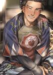  1boy black_hair blurry blurry_background brown_eyes crossed_arms floral_print golden_kamuy indoors looking_at_viewer male_focus scar scar_on_face scar_on_nose sitting smile solo sorewakaru0001 sugimoto_saichi sweat yellow_eyes 